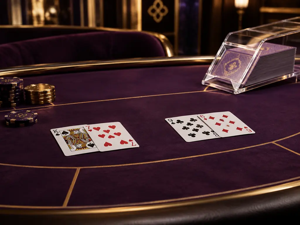 Dua kelompok kartu, sepatu kartu dan chip pada meja baccarat