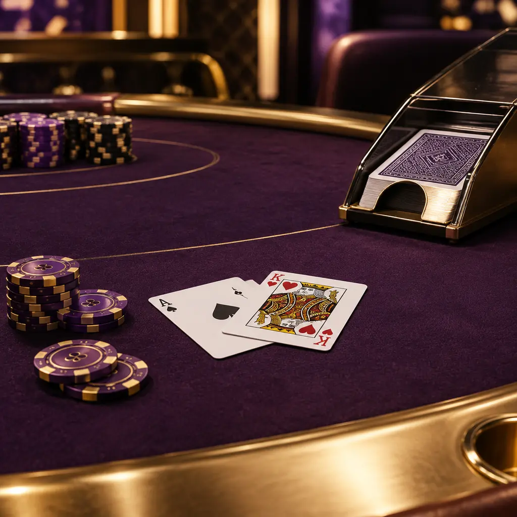 Kartu dan chip pada meja blackjack berwarna ungu