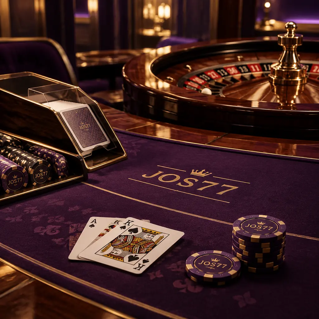 Kartu, sepatu kartu, roda roulette dan chip di meja kasino