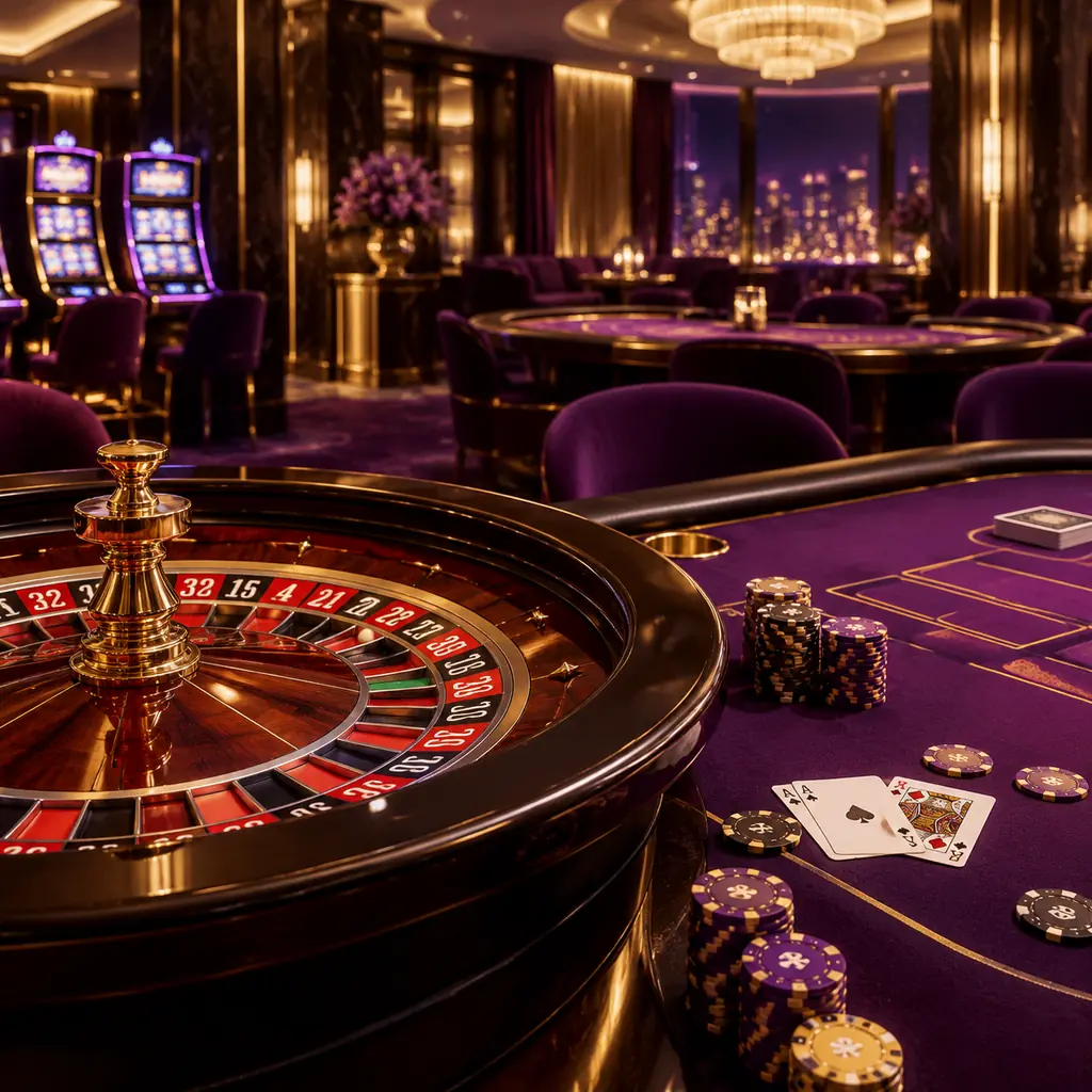 Interior kasino ungu dengan meja roulette dan meja kartu