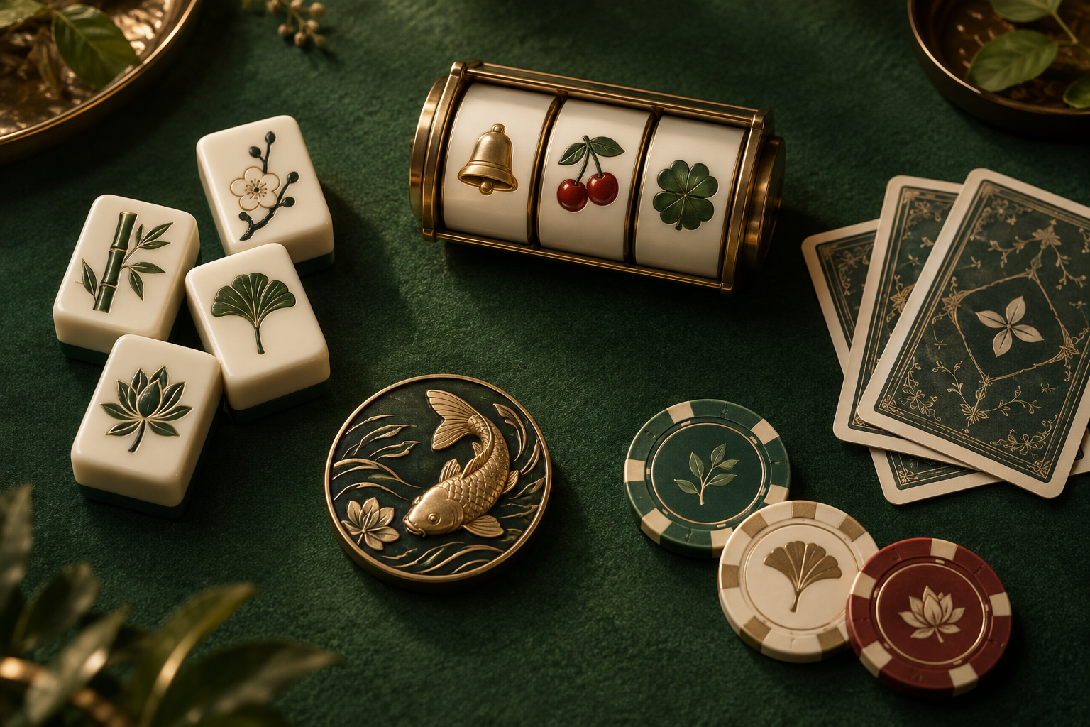 Ilustrasi gulungan slot, kartu, ubin dan chip kasino