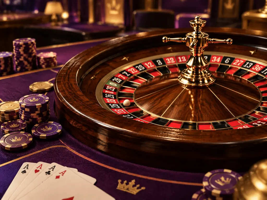 Roda roulette kayu dengan bola putih dan chip